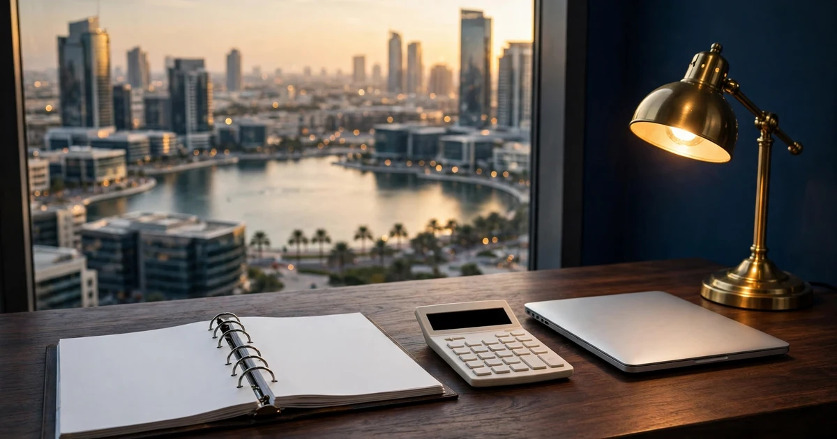 Auditor's desk with a blank statements binder, calculator and laptop overlooking lake-side office towers in DMCC, Dubai