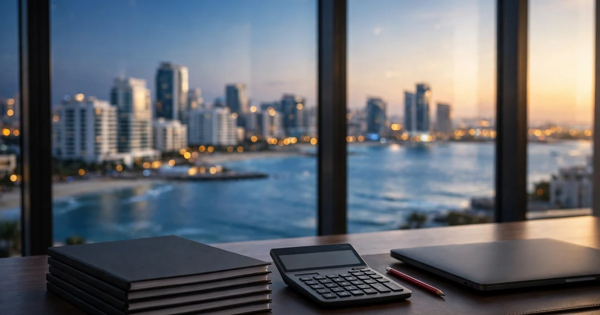 Bound financial statements and a calculator on an Abu Dhabi office desk above the corniche and sea at dusk