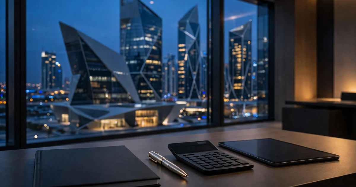 Audit report binder, pen and calculator on a desk facing ADGM's angular glass towers on Al Maryah Island at night