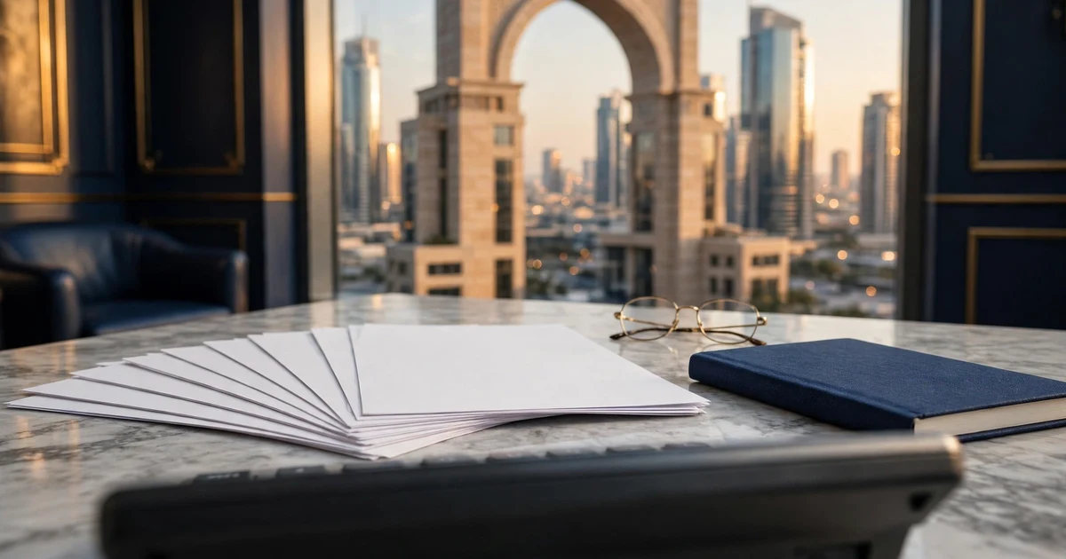 Blank statement pages and a notebook on a marble desk facing the DIFC Gate arch tower in Dubai