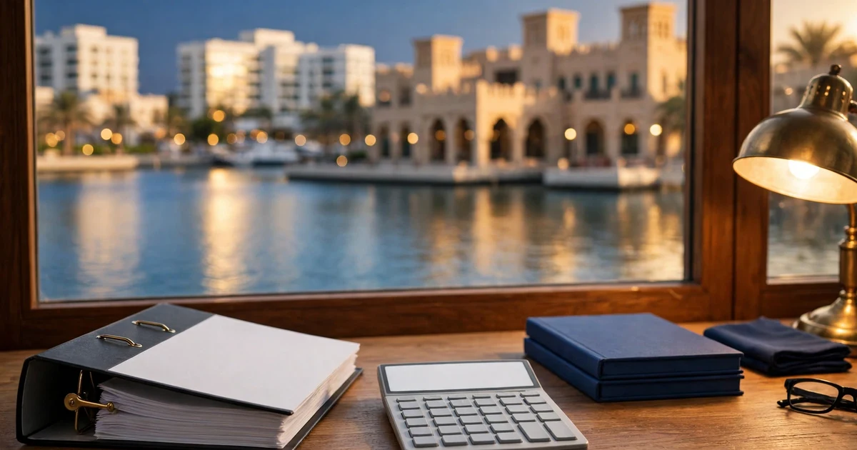Lever-arch audit file and ledgers on a desk overlooking Sharjah's lagoon and heritage waterfront