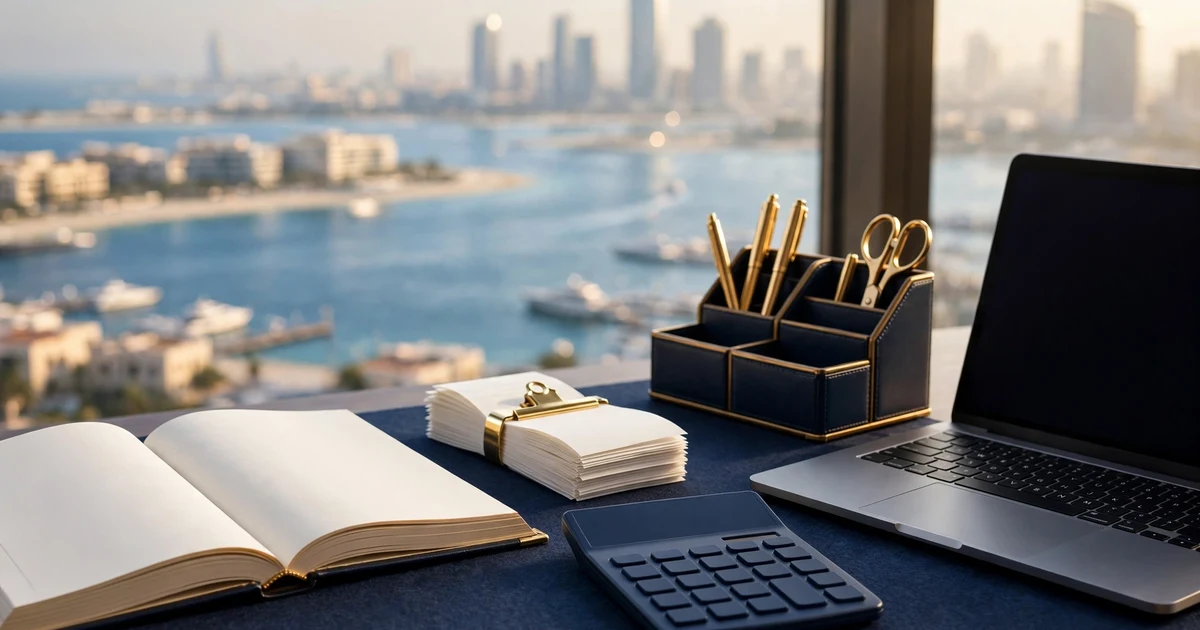 Open blank ledger, clipped receipts and calculator on a bookkeeper's desk above Abu Dhabi's corniche