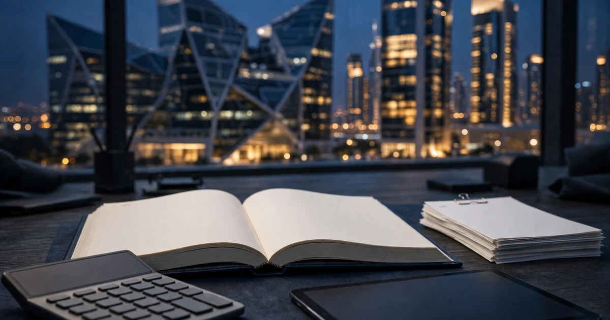 Open blank ledger and invoices on a desk facing ADGM's illuminated angular towers at twilight