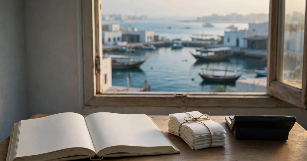Blank account book and tied receipt bundle on a wooden desk overlooking Ajman's dhow harbour