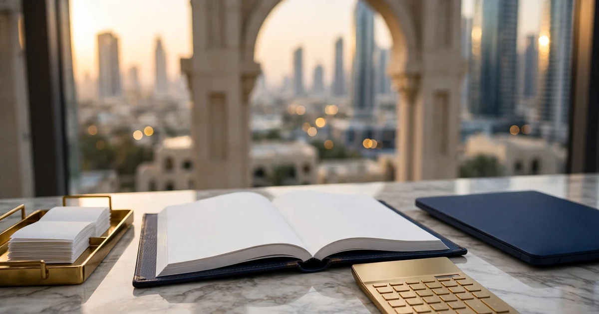 Leather ledger and receipt tray on a marble DIFC desk with the Gate arch towers behind