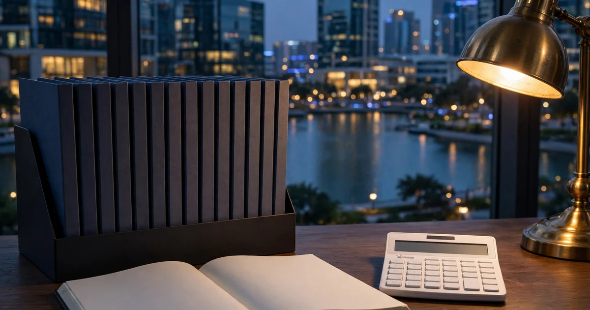 Row of monthly bookkeeping folders and an open ledger by a lamp above the DMCC lake towers at dusk