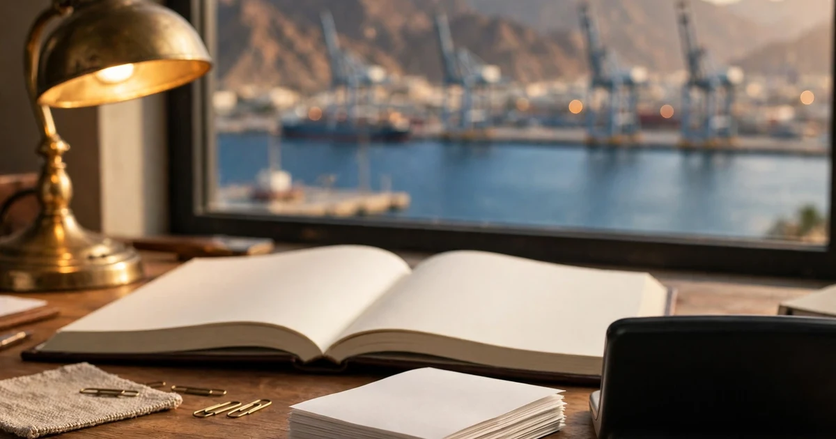 Blank ledger and receipts under a brass lamp facing Fujairah's port cranes and Hajar mountains