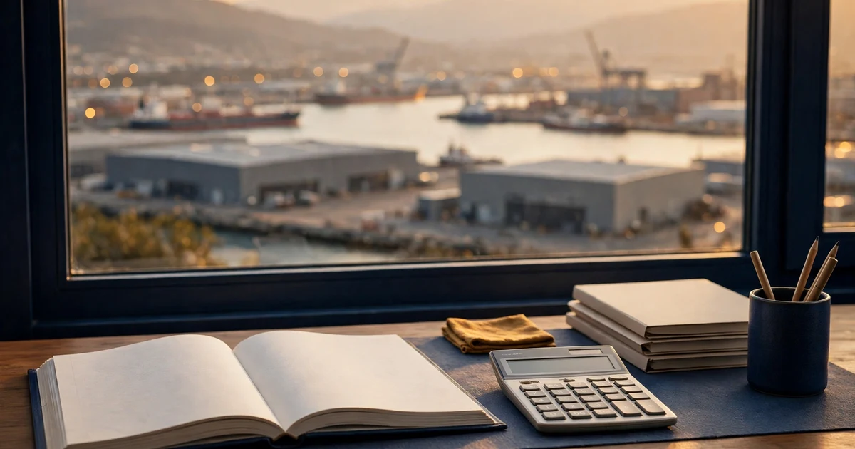 Open ledger and calculator on a desk overlooking Ras Al Khaimah's industrial port and warehouses