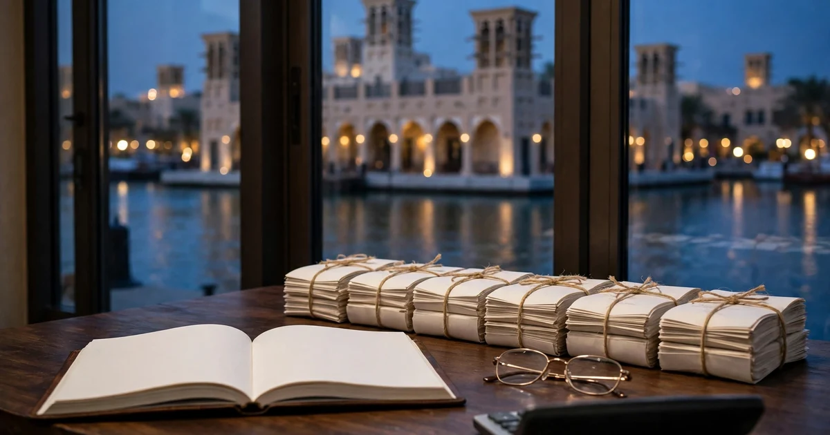 Tied receipt bundles and an open account book on a desk above Sharjah's lagoon heritage waterfront