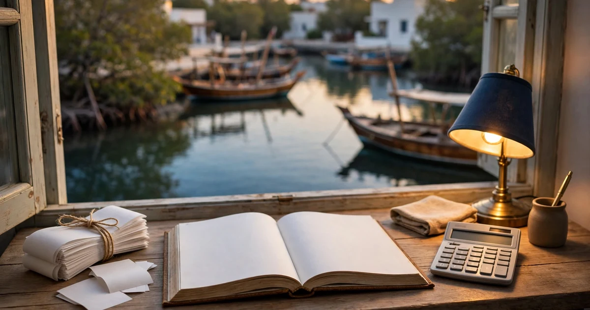 Blank ledger and receipt bundle on a small desk overlooking Umm Al Quwain's dhow creek and mangroves