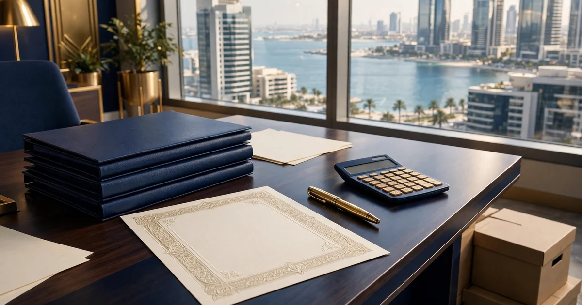 Folders, blank certificate and calculator on a desk above Abu Dhabi's Corniche — company liquidation costs in Abu Dhabi