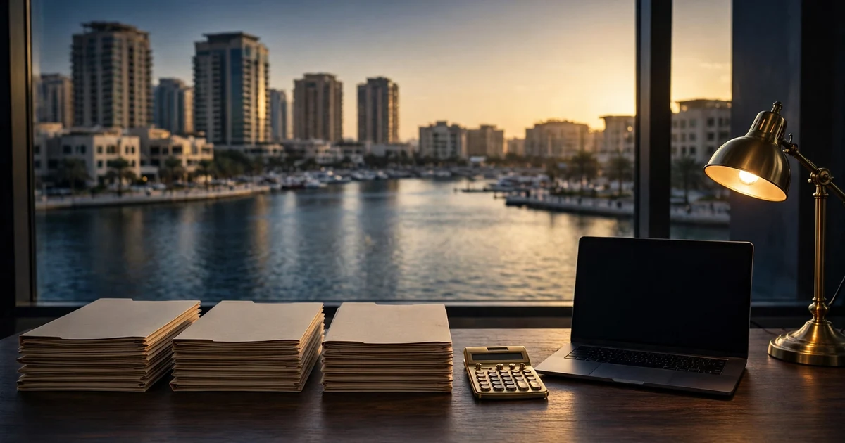 Three folder stacks, calculator and laptop on a desk over Sharjah's lagoon at sunset — company liquidation costs in Sharjah