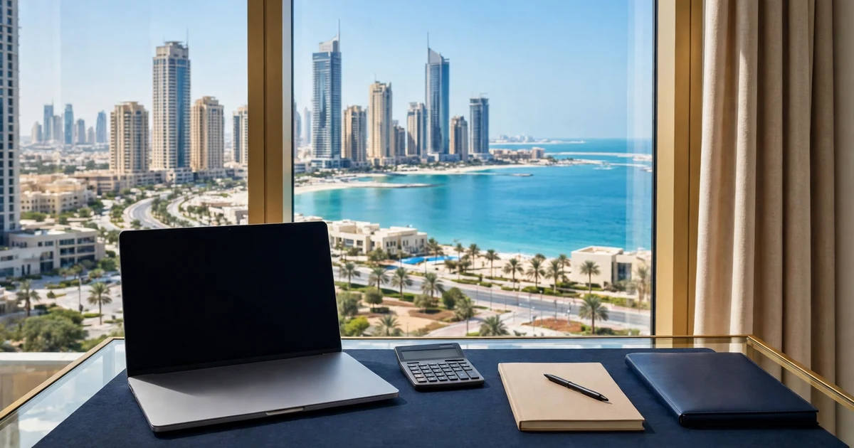 Laptop, calculator and notebook on a glass desk over Abu Dhabi's Corniche towers — what company setup in Abu Dhabi costs