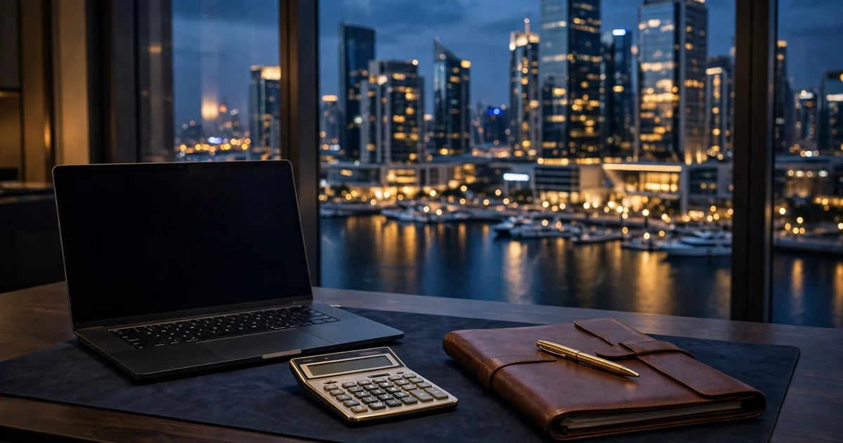 Leather folder, gold pen and calculator on a desk above a marina at night — the full structure of ADGM company setup costs