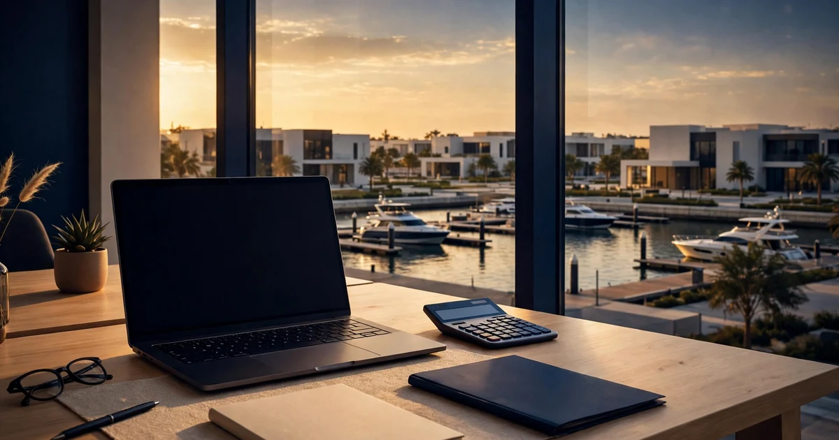Laptop, calculator and notebook on a desk above an Ajman marina at sunset — Ajman Free Zone licence costs