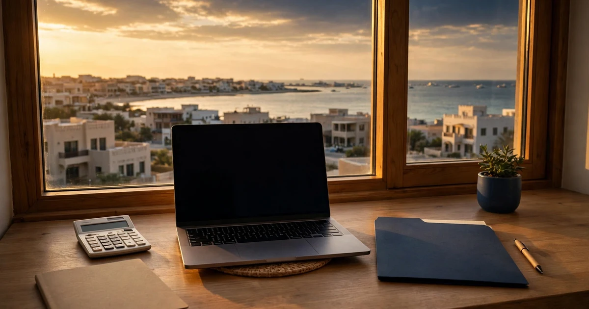 Laptop, calculator and folder on a wooden desk over Ajman's coast at sunset — company setup costs in Ajman