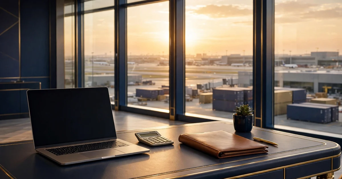 Leather folder and calculator on a premium desk facing an airport cargo apron at sunset — DAFZA company setup costs