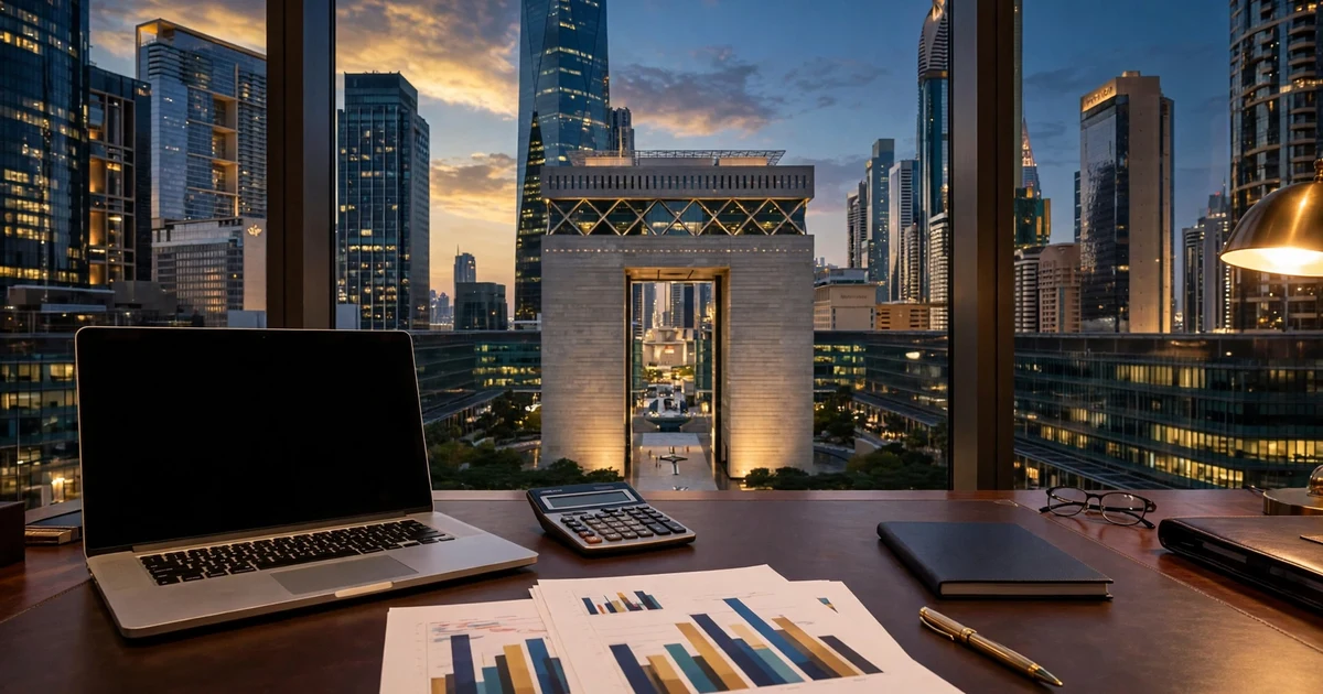 Executive desk with charts and calculator facing DIFC's Gate Building at dusk — DIFC company setup costs
