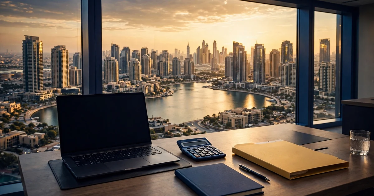 Laptop, calculator and folder on a desk over JLT's lake and towers at sunset — DMCC company setup costs in full