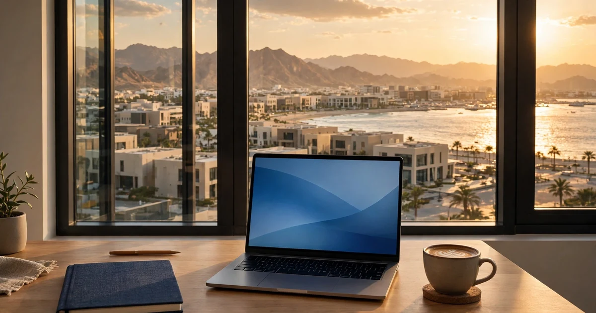 Office desk with a laptop overlooking the Fujairah coast and creative district at golden hour
