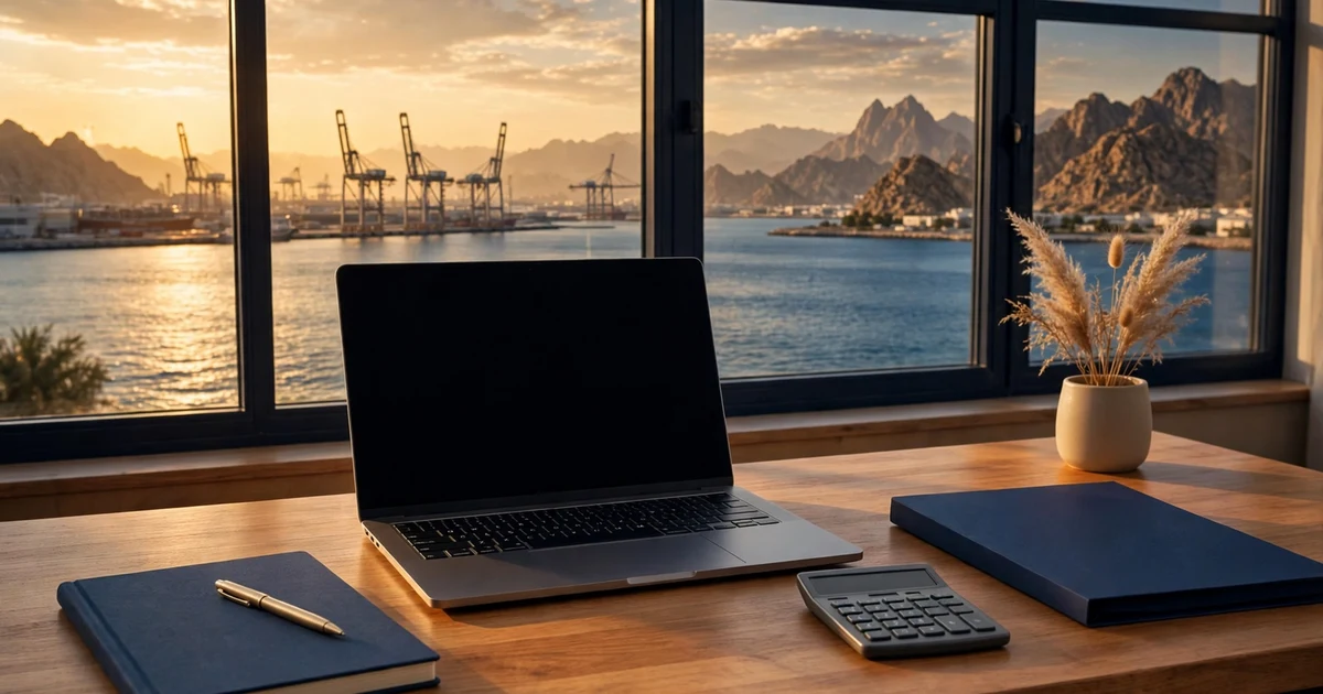 Leather folder, gold pen and blank certificate before Fujairah port and the Hajar mountains — company setup costs