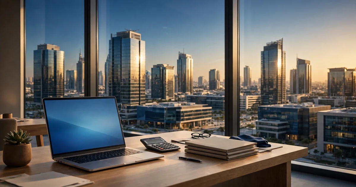 Office desk with a laptop and calculator facing glass towers in a Dubai business park at golden hour