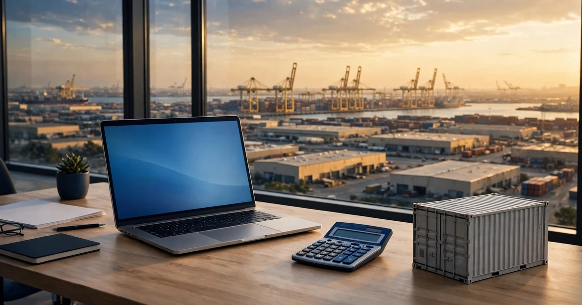 Desk with a model shipping container overlooking JAFZA warehouses and port cranes near Dubai