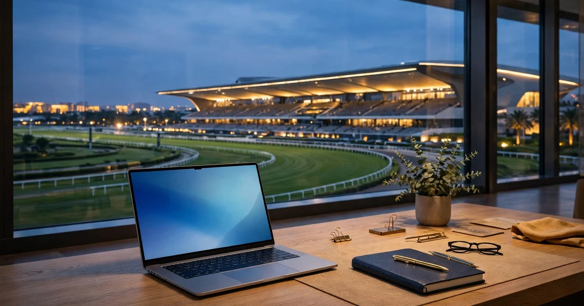 Office desk beside a window overlooking the Meydan racecourse in Dubai at dusk