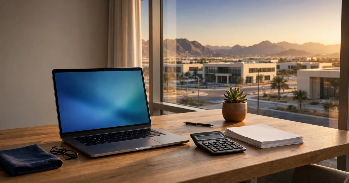 Office desk with a laptop and calculator overlooking a Ras Al Khaimah business park and mountains