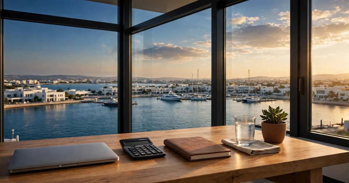 Desk with a laptop overlooking a marina and low coastal buildings in Ras Al Khaimah