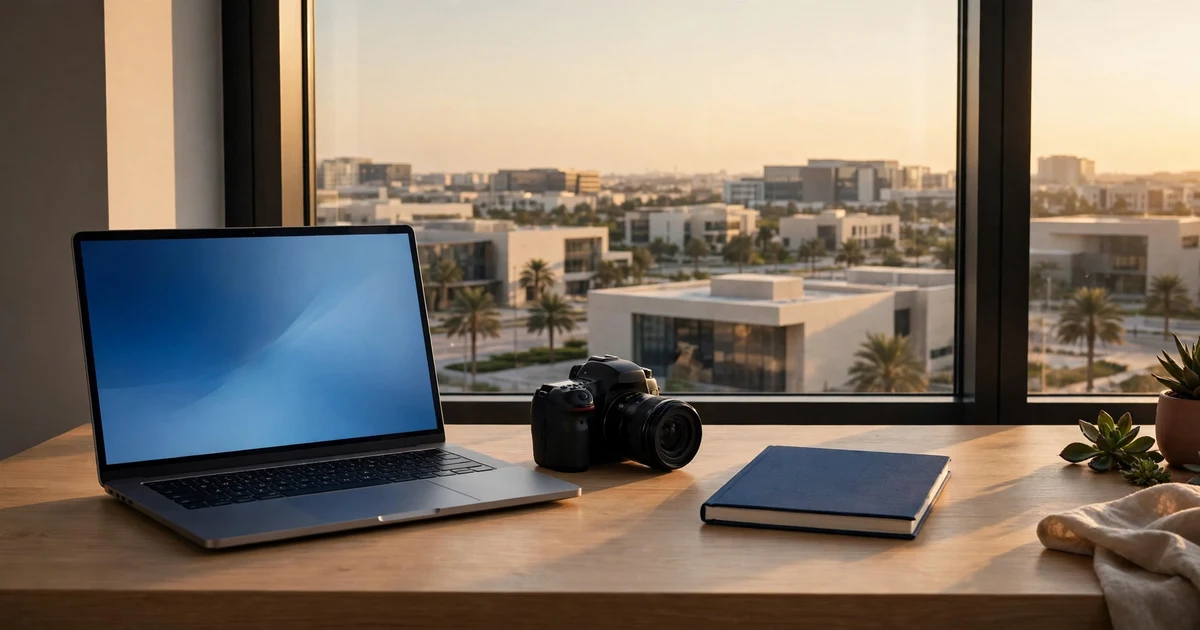 Creative office desk with a laptop and camera overlooking a Sharjah media city quarter