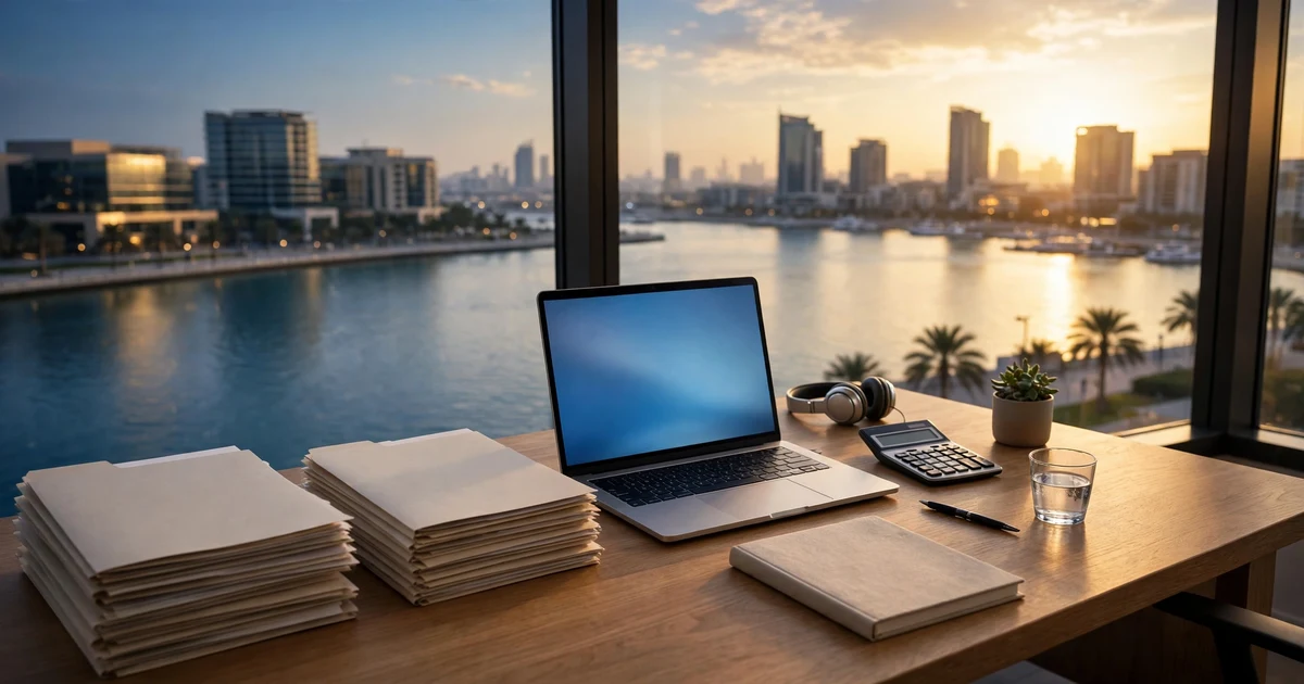 Desk stacked with files overlooking Sharjah's waterfront skyline across the lagoon