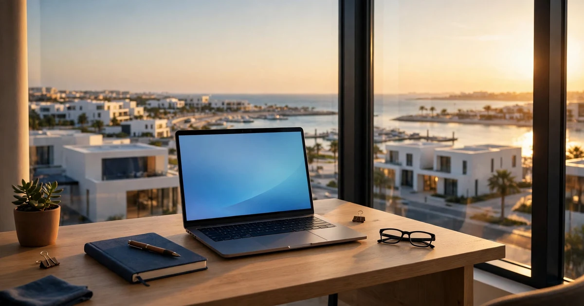 Compact office desk overlooking modern low-rise free zone buildings near the Umm Al Quwain coast