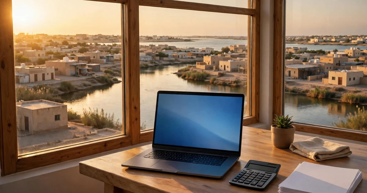 Simple office desk overlooking Umm Al Quwain's quiet creek and low coastal town