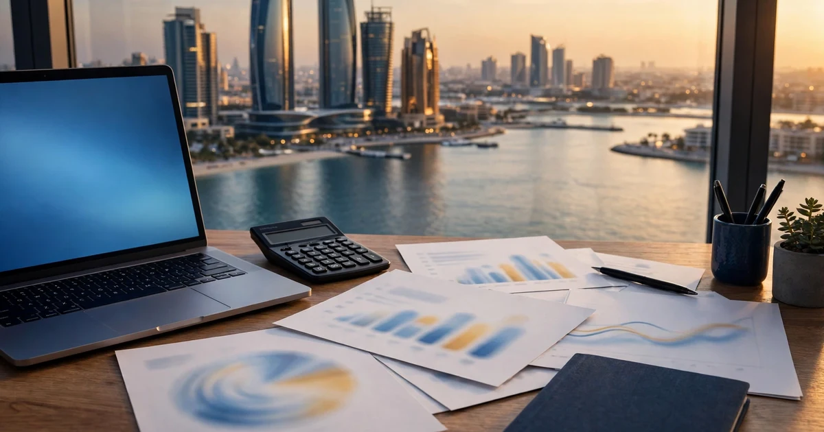 Accountant's desk with statements overlooking Abu Dhabi's corniche towers at golden hour