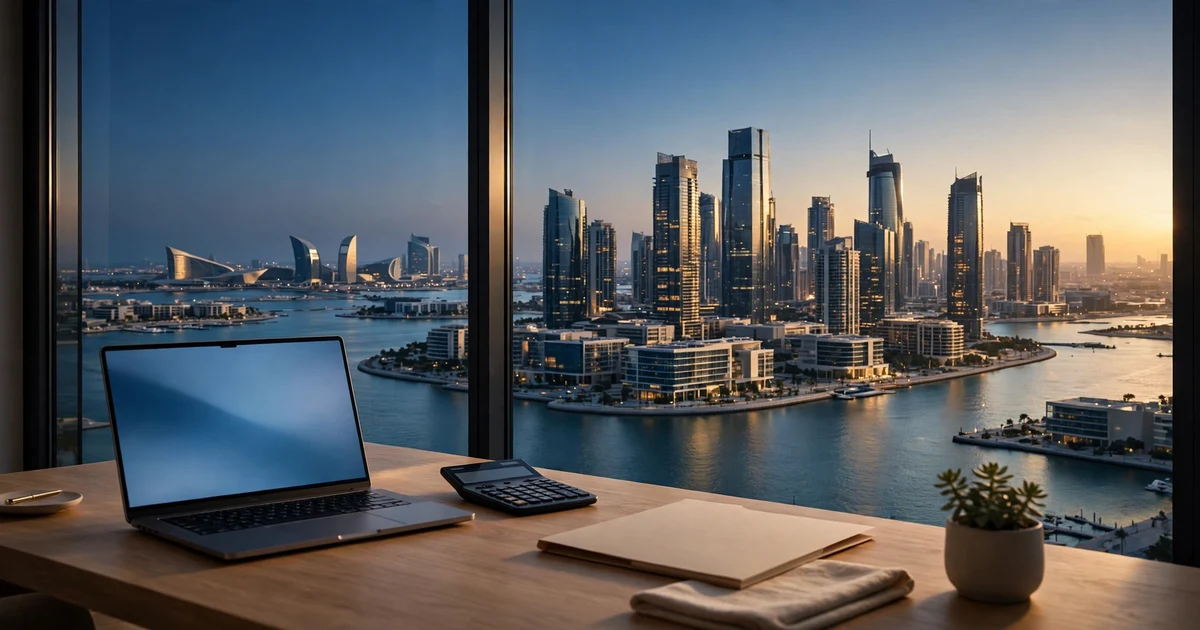 Minimal desk overlooking the glass financial towers of ADGM in Abu Dhabi