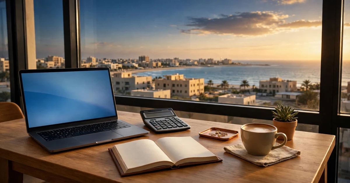 Small-business desk with a ledger and coffee overlooking Ajman's coastal skyline