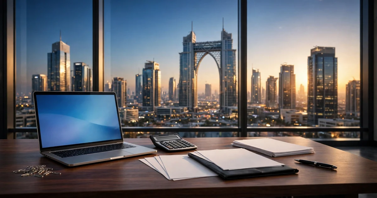 Finance office desk overlooking the DIFC Gate Building and towers in Dubai