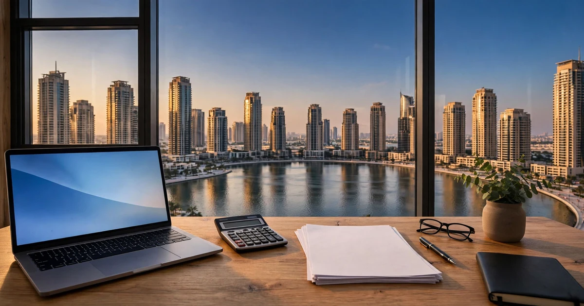 Desk overlooking the lake and towers of Jumeirah Lake Towers, home to DMCC companies in Dubai