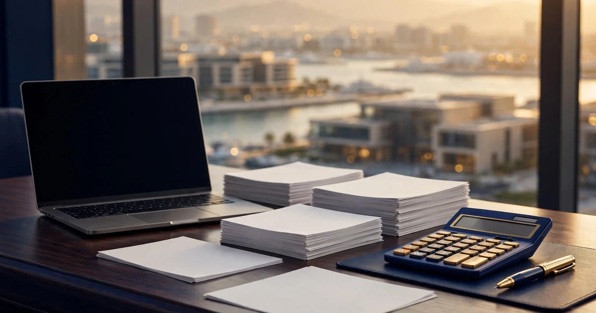 Laptop, tax papers and calculator on an office desk above a coastal Ras Al Khaimah skyline