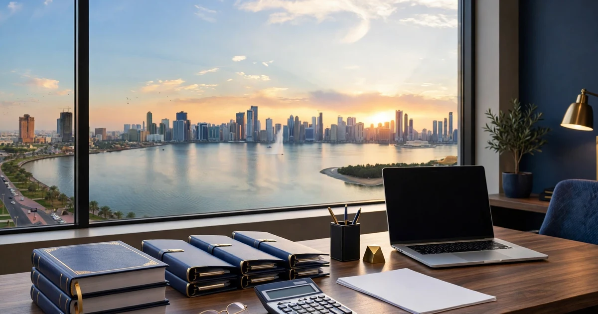 Navy ledgers and a calculator on a desk overlooking the Sharjah lagoon skyline at sunset