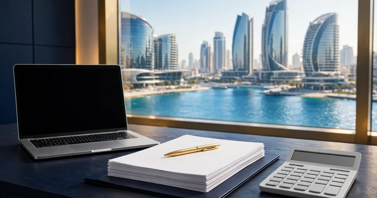 Laptop and blank registration papers on a desk facing Abu Dhabi Corniche towers and the sea