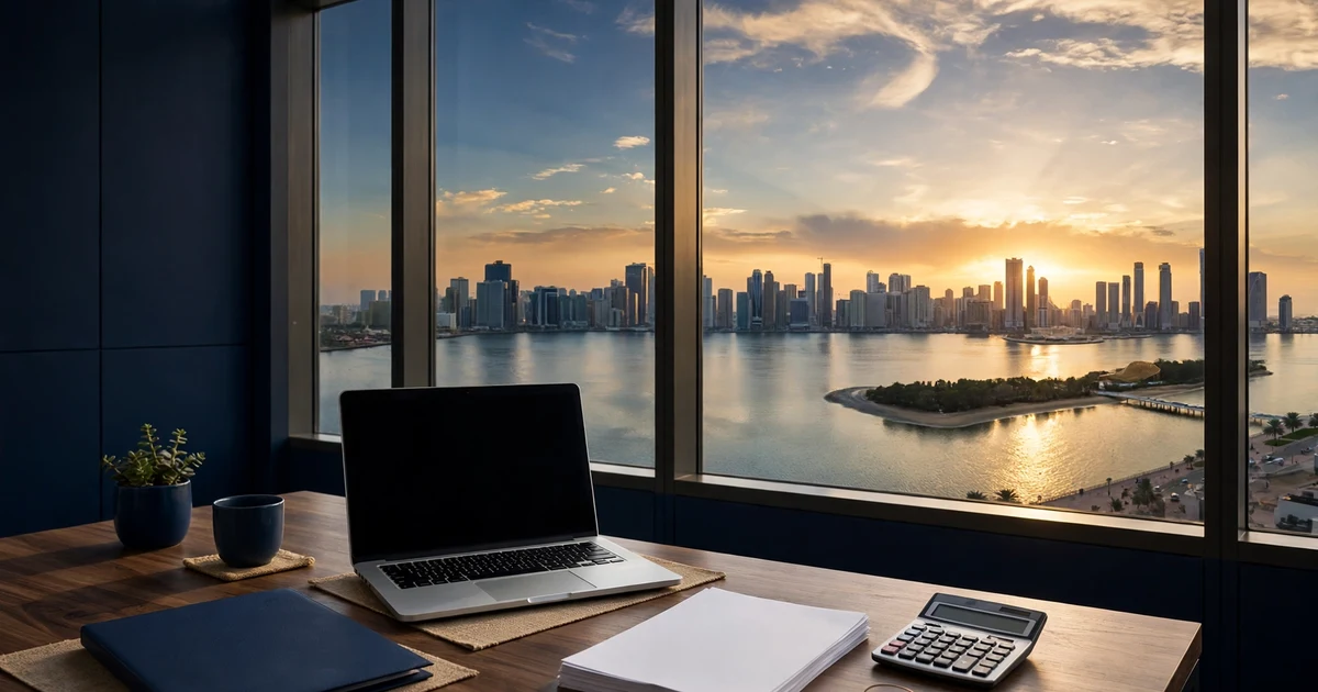 Laptop, folder and calculator on a desk overlooking Sharjah's lagoon towers at sunset