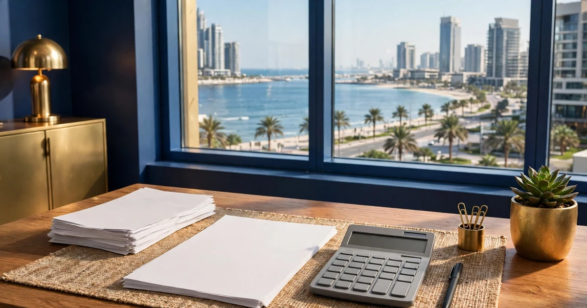 Blank salary sheets and a calculator on a desk overlooking the Abu Dhabi corniche, for a guide to payroll costs