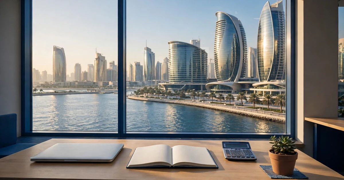 Desk with laptop and blank notebook overlooking Abu Dhabi towers — startup tax costs in Abu Dhabi