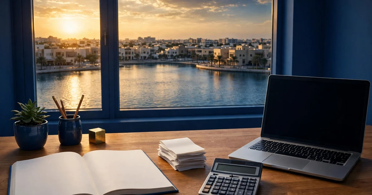 Desk with a blank ledger, receipts and laptop overlooking a Sharjah lagoon — startup tax costs in Sharjah