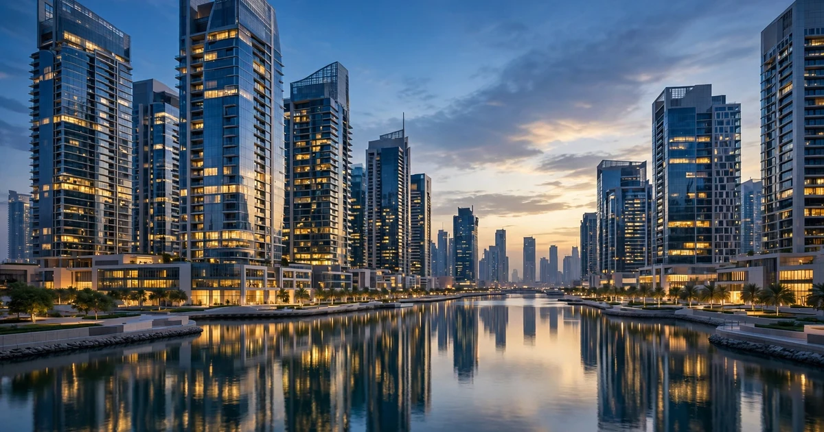 Business Bay office towers beside the Dubai Canal at dusk, viewed from a quiet desk