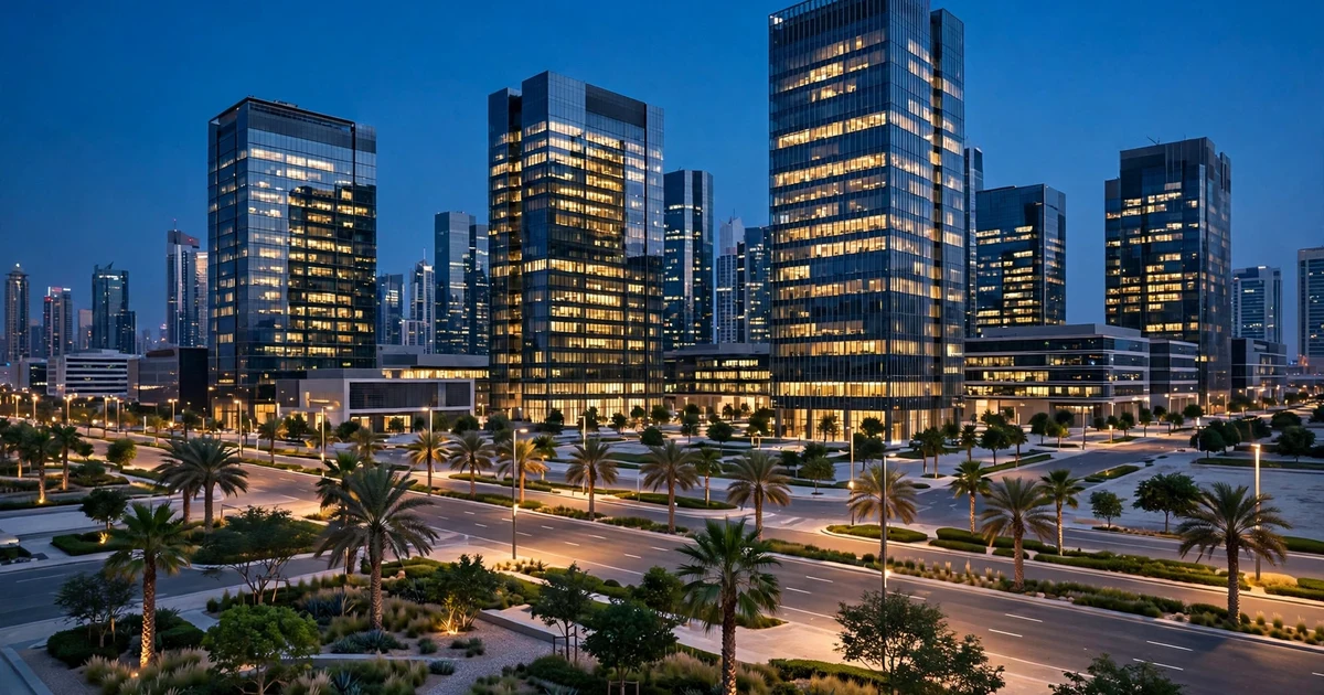 Modern glass office towers in Dubai Internet City at dusk, a technology district skyline
