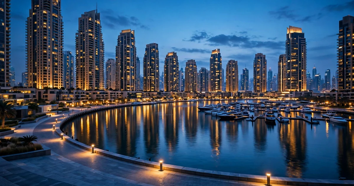 Dubai Marina waterfront towers at dusk seen across the water — tax consultants for Marina companies