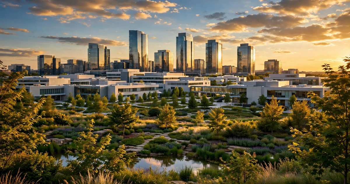 Glass office towers and innovation-campus buildings above landscaped gardens at golden hour in Dubai Silicon Oasis